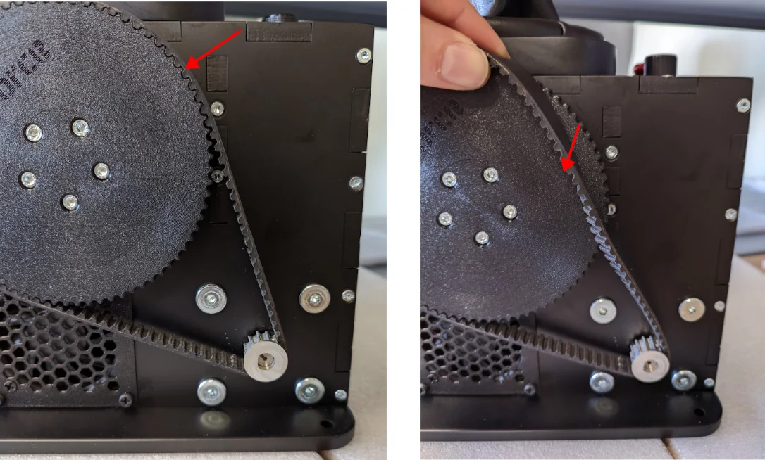 Belt partially removed from large gear