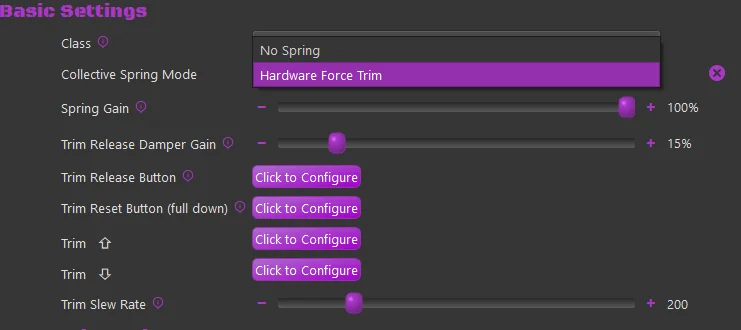 Collective Spring Mode selection showing the No Spring and Hardware Force Trim options