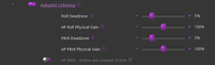 Autopilot Following sub-settings for deadzone and gain