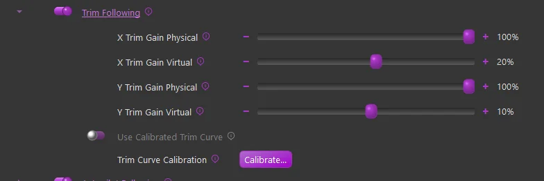 Trim Following settings, showing the X/Y physical and virtual gain sliders, the Use Calibrated Trim Curve toggle, and the Calibrate button