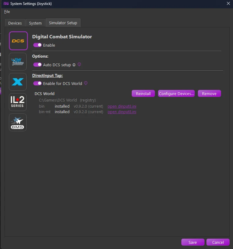 The Simulator Setup tab with per-simulator enable and auto-setup options