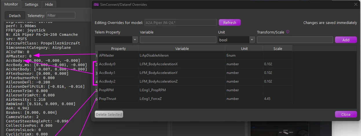 The SimConnect/Dataref Overrides editor showing several source overrides for an A2A aircraft, with the overridden values visible in the Monitor tab