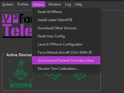 The SimConnect/Dataref Overrides Editor entry in the Utilities menu