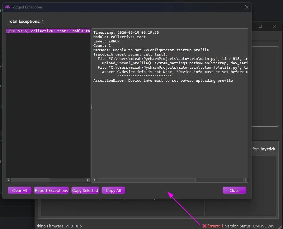 The Logged Exceptions viewer, opened from the Errors indicator in the status bar