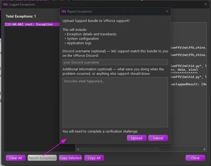 The Report Exceptions confirmation dialog