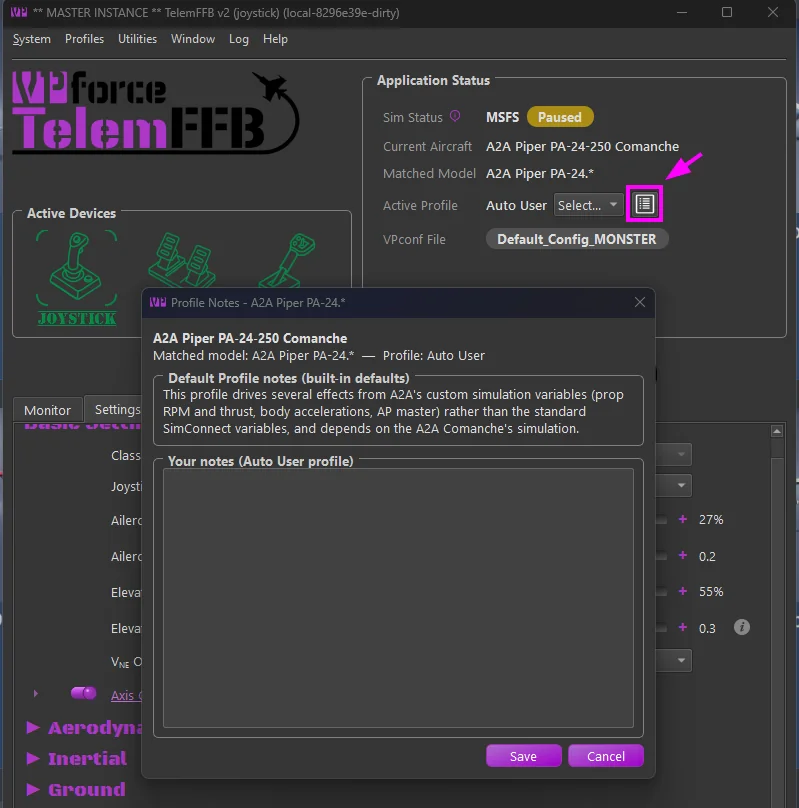 The Profile Notes dialog showing shipped notes and the editable profile note